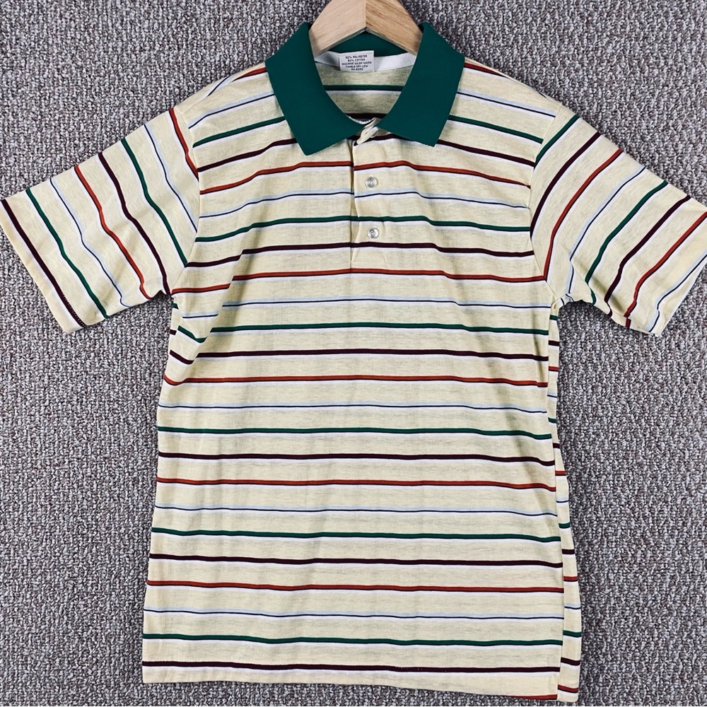 Vtg Polo Shirt Medium 70s 80s Rainbow Striped Paper Thin USA Single Stitch 383